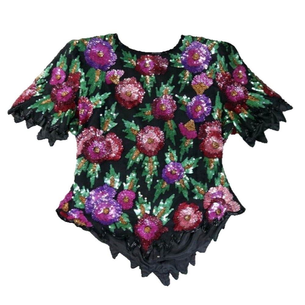 Laurence Kazar Beaded Top Womens‎ Size PM Silk Floral Vintage Zip Up - Picture 2 of 15